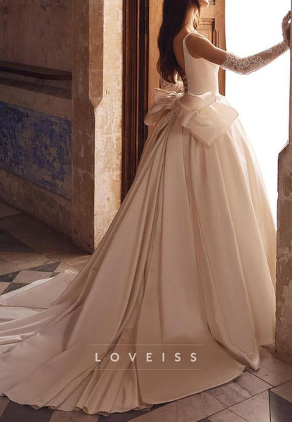 Scoop Straps Bowknot Pleated Satin A-Line Wedding Dress