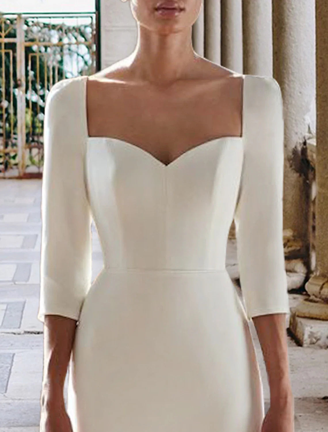 Hall Casual Wedding Dresses Mermaid / Trumpet Sweetheart 3/4 Length Sleeve Sweep / Brush Train Stretch Fabric Bridal Gowns With Solid Color