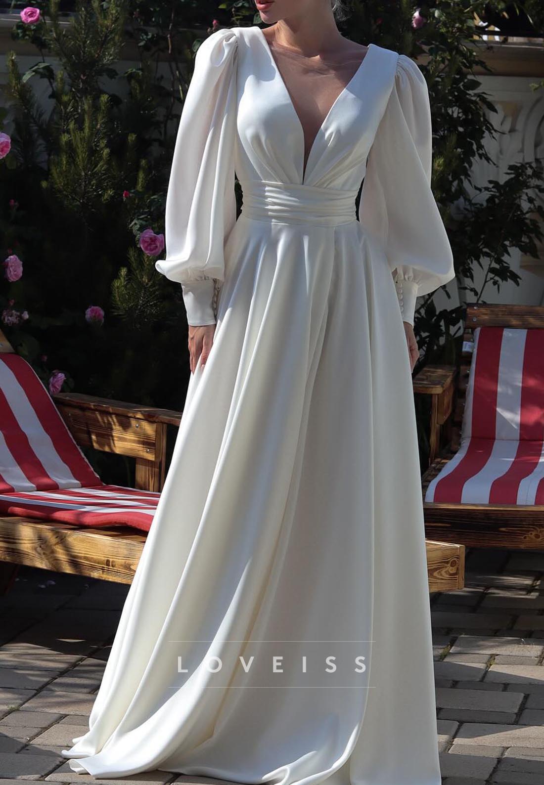 V-Neck Long Sleeves Sleek A-Line Wedding Dress
