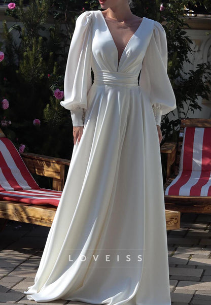 V-Neck Long Sleeves Sleek A-Line Wedding Dress