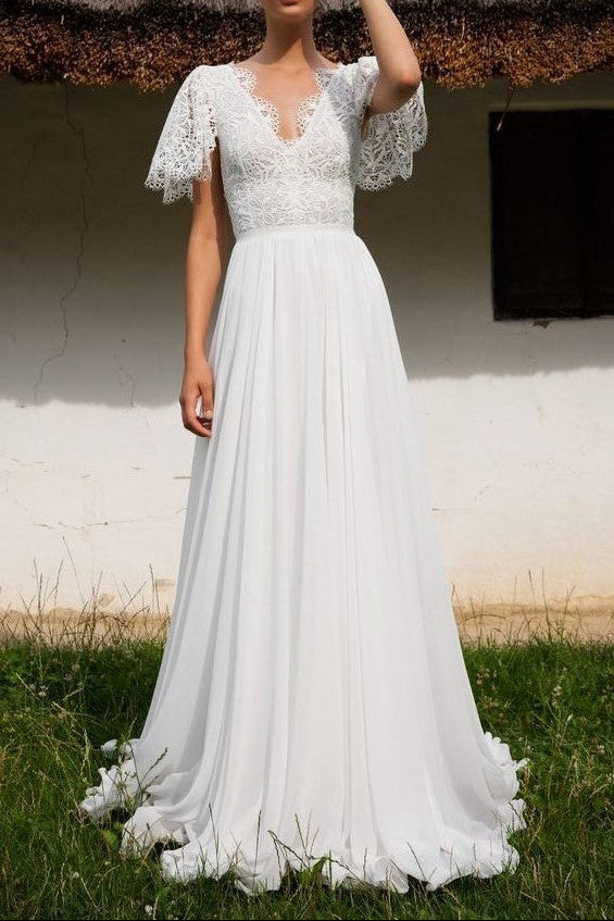 Lace Chiffon Beach Wedding Gown with Sleeves