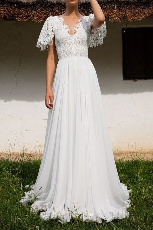 Lace Chiffon Beach Wedding Gown with Sleeves