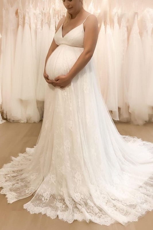 Lace Maternity Wedding Dress with Spaghetti Straps