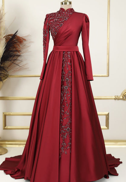 High Neck Long Sleeves Beaded Pleated A-Line Mother of Bride Dress
