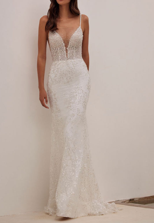 V-Neck Spaghetti Straps Sequins Appliques Mermaid Wedding Dress