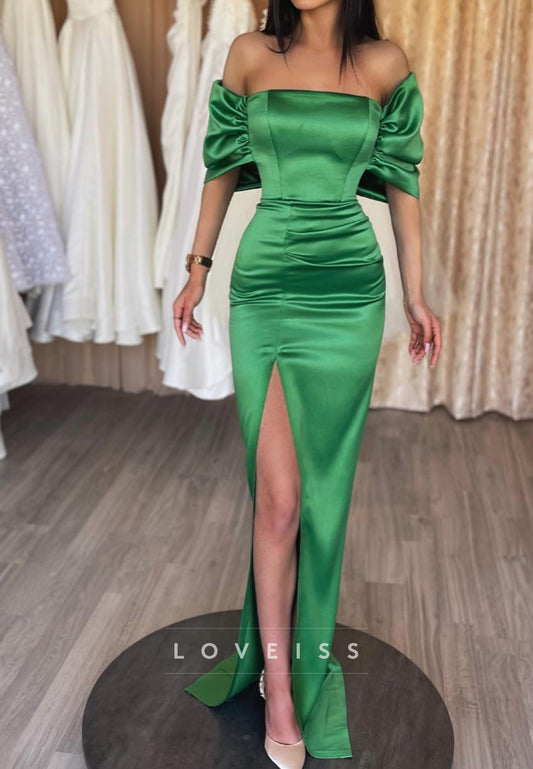 Straight Across Sleeves Euched Side Slit Bodycon Sheath Formal Dress