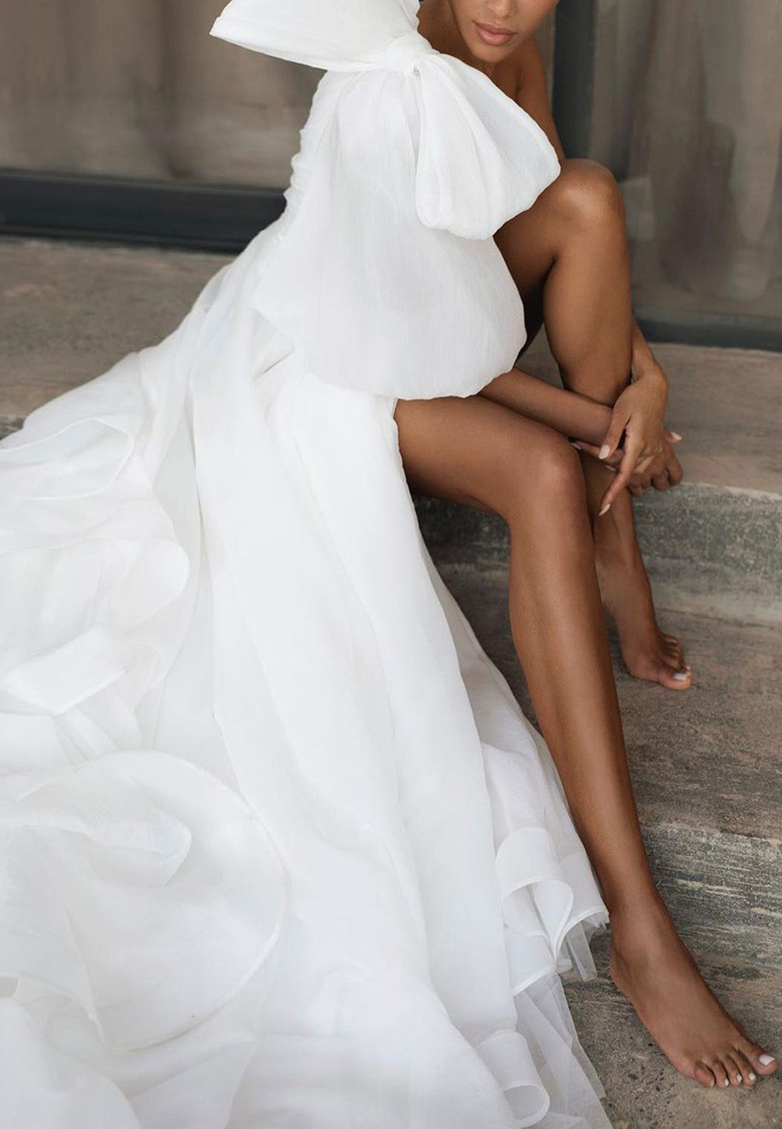 a-line asymmetrical wedding dresses A-line Off-the-Shoulder Regular Straps Asymmetrical Wedding Dress With Appliqued Ruffles - Wedding Dresses