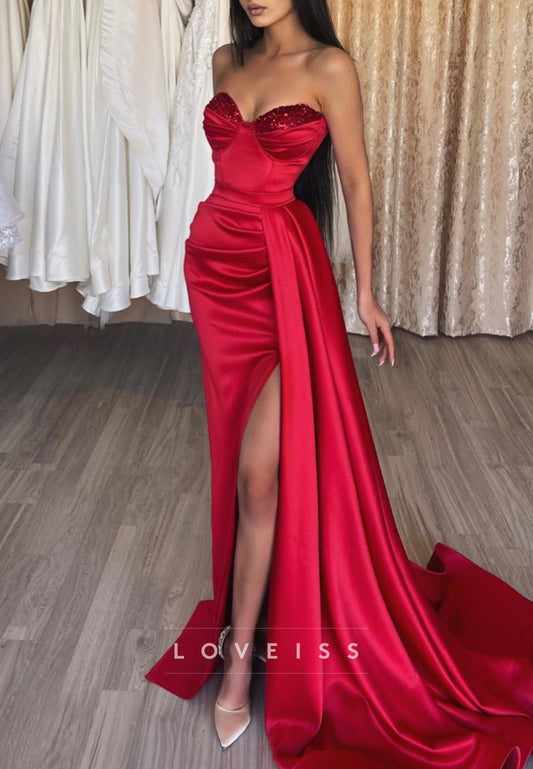 Semi-Sweetheart Strapless Sequins Ruched Side Slit Sheath Prom Dress