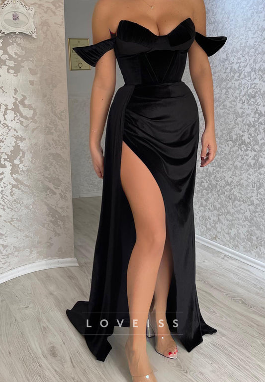 Off-Shoulder Sleeveless Ruched High Slit Sexy Black Prom Dress