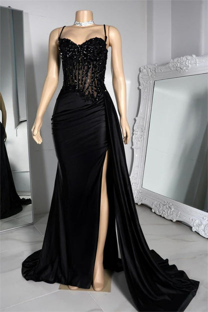 Long Black Evening Dress Sleeveless Pleated Split with Beadings