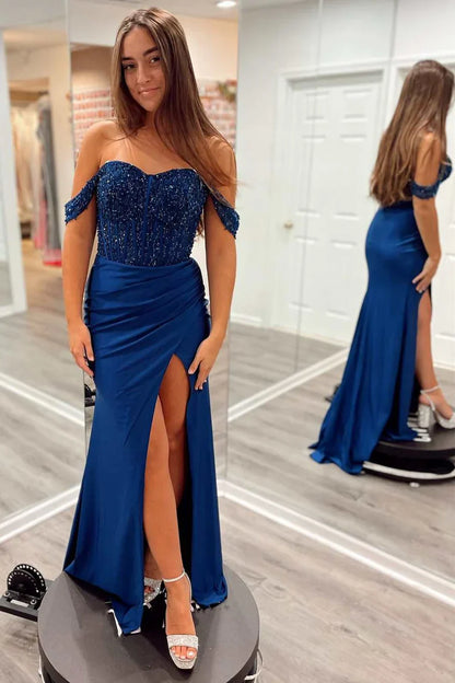 Navy Blue Prom Dresses Corset Off The Shoulder with Slit