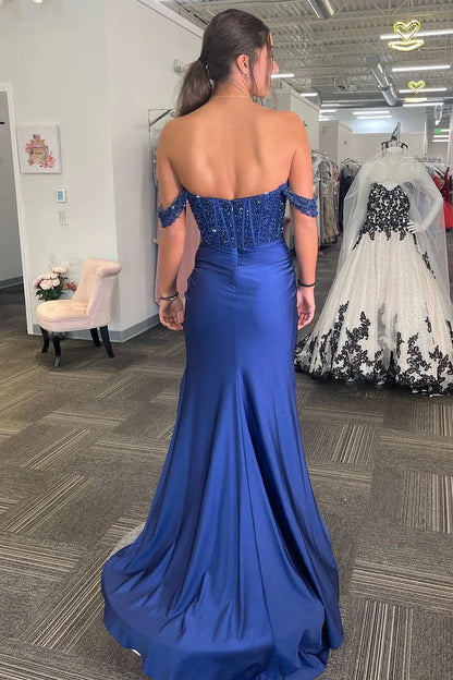 Navy Blue Prom Dresses Corset Off The Shoulder with Slit