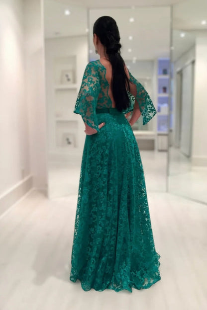 Long Sleeves Aline Lace Mother of the Bride Dress Dark Green Evening Dress