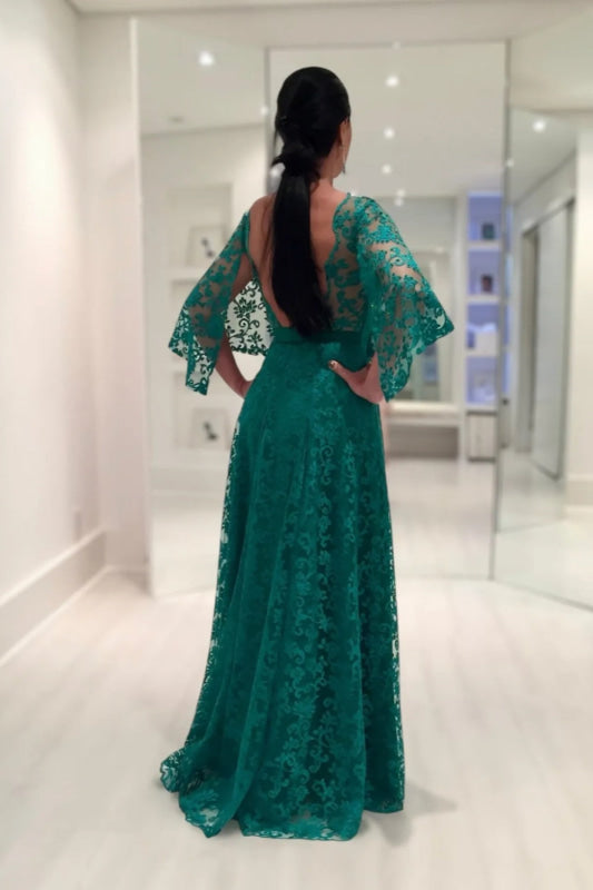 Long Sleeves Aline Lace Mother of the Bride Dress Dark Green Evening Dress