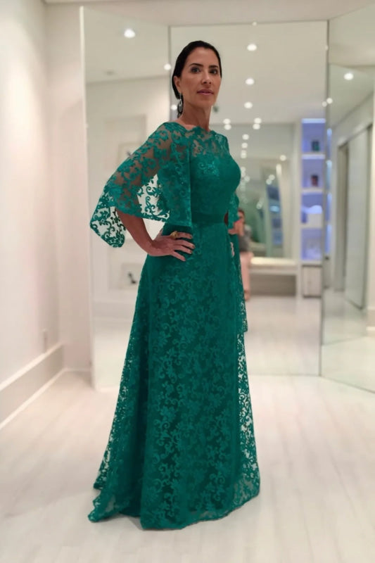 Long Sleeves Aline Lace Mother of the Bride Dress Dark Green Evening Dress