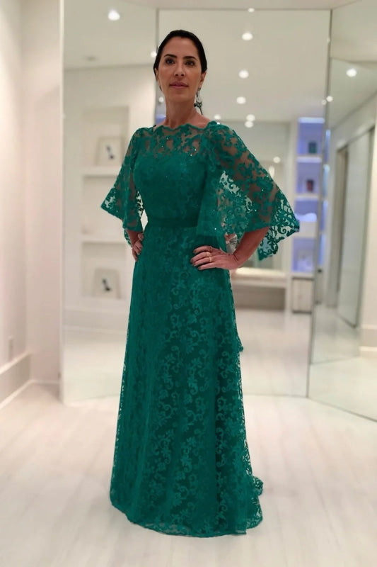 Long Sleeves Aline Lace Mother of the Bride Dress Dark Green Evening Dress