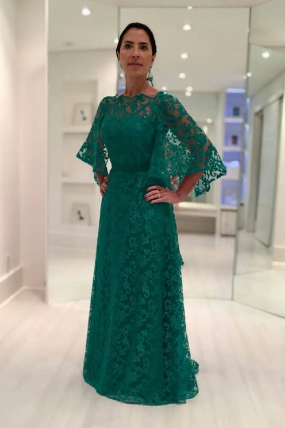 Long Sleeves Aline Lace Mother of the Bride Dress Dark Green Evening Dress