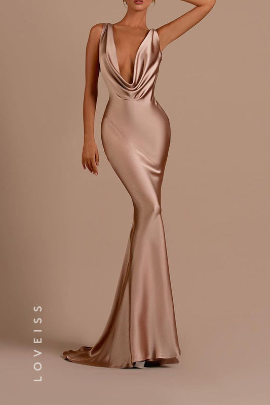 L9011 - Sexy Deep V neck Ruched Long Formal Party Dress Backless