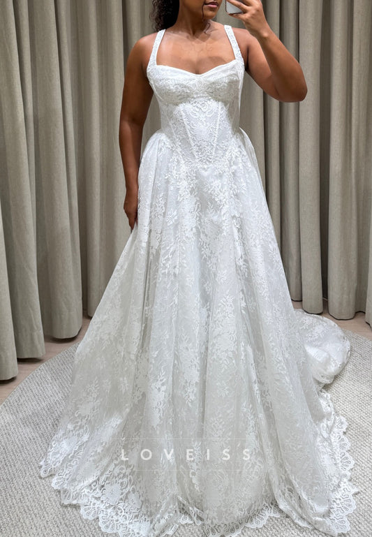 Square Straps Appliques Lace Lace-Up A-Line Wedding  Dress