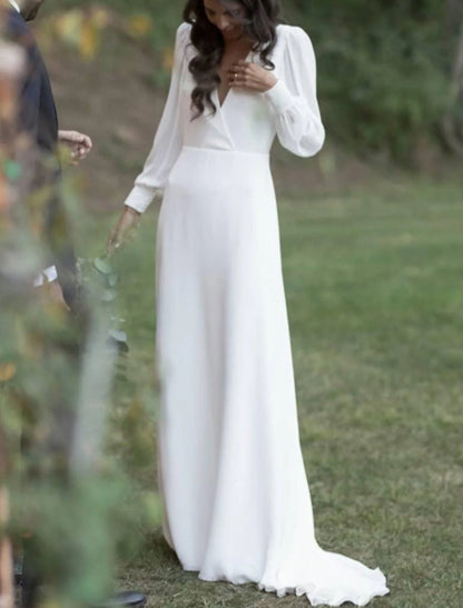 Hall Open Back Simple Wedding Dresses Sheath / Column V Neck Long Sleeve Sweep / Brush Train Chiffon Bridal Gowns With Solid Color
