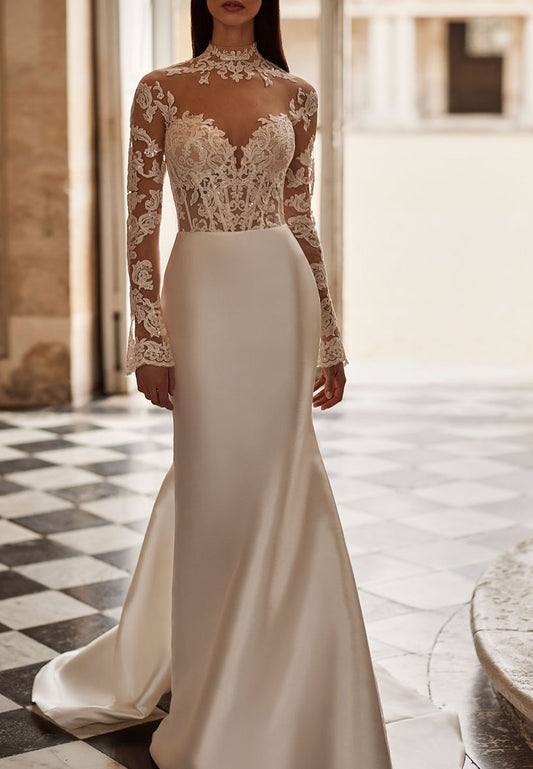 High Neck Long Sleeves Lace Appliques Sheath Boho Wedding Dress