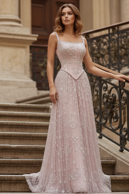 Square Straps Beaded Embroidery Sparkly A-Line Prom Dress