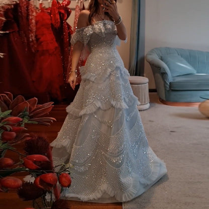 Luxury Pearls Silver Gray Off Shoulder A-Line Evening Dress