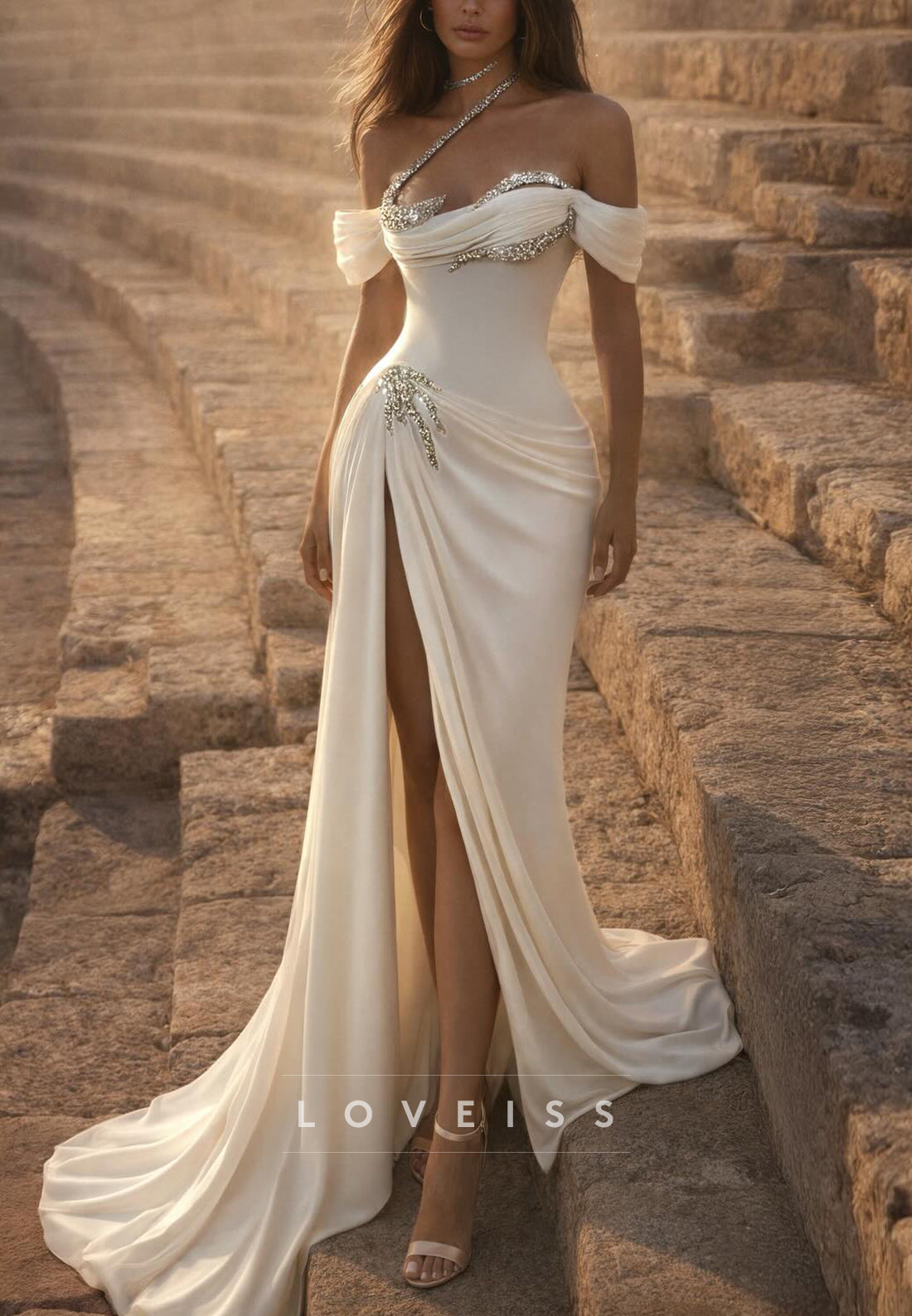 Off-Shoulder Side Slit Beaded Sheath Wedding Dress
