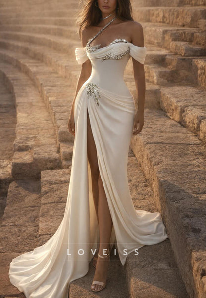 Off-Shoulder Side Slit Beaded Sheath Wedding Dress