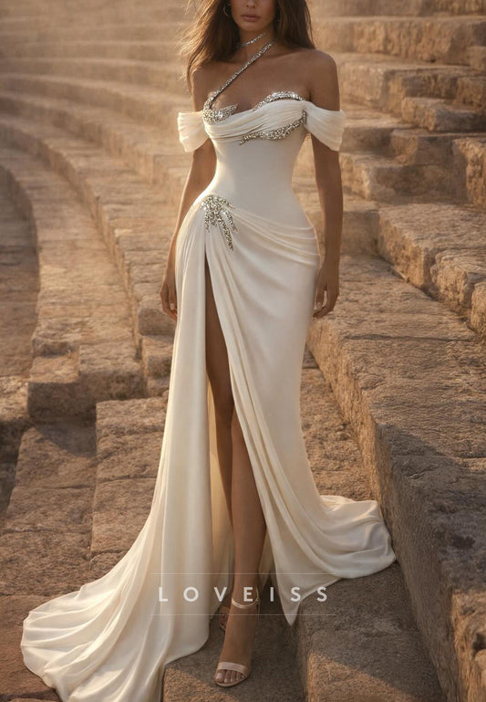 Off-Shoulder Side Slit Beaded Sheath Wedding Dress