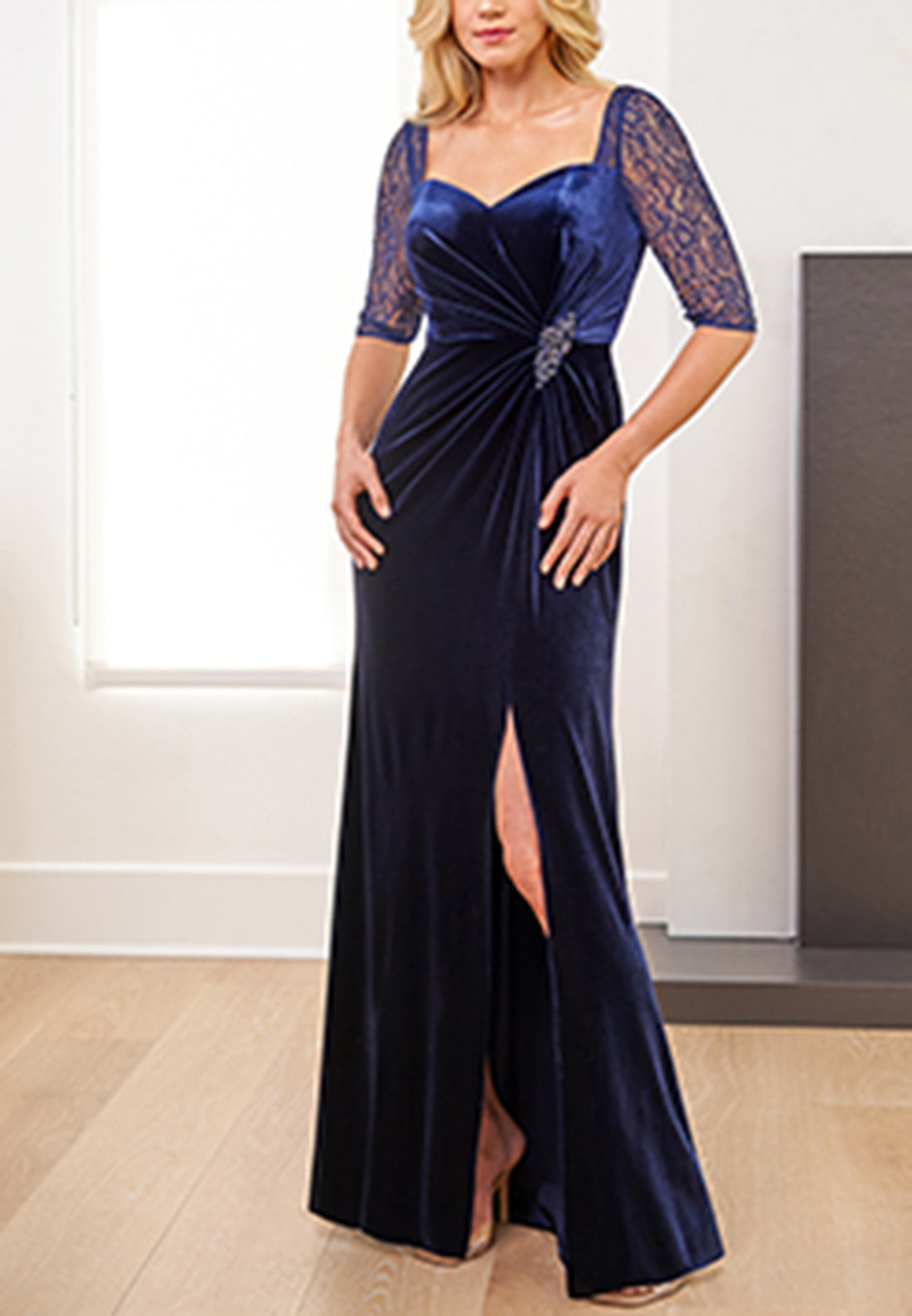 Sweetheart Half Sleeves Appliques Ruched Side Slit Mother of Bride Dress Cocktail Dress