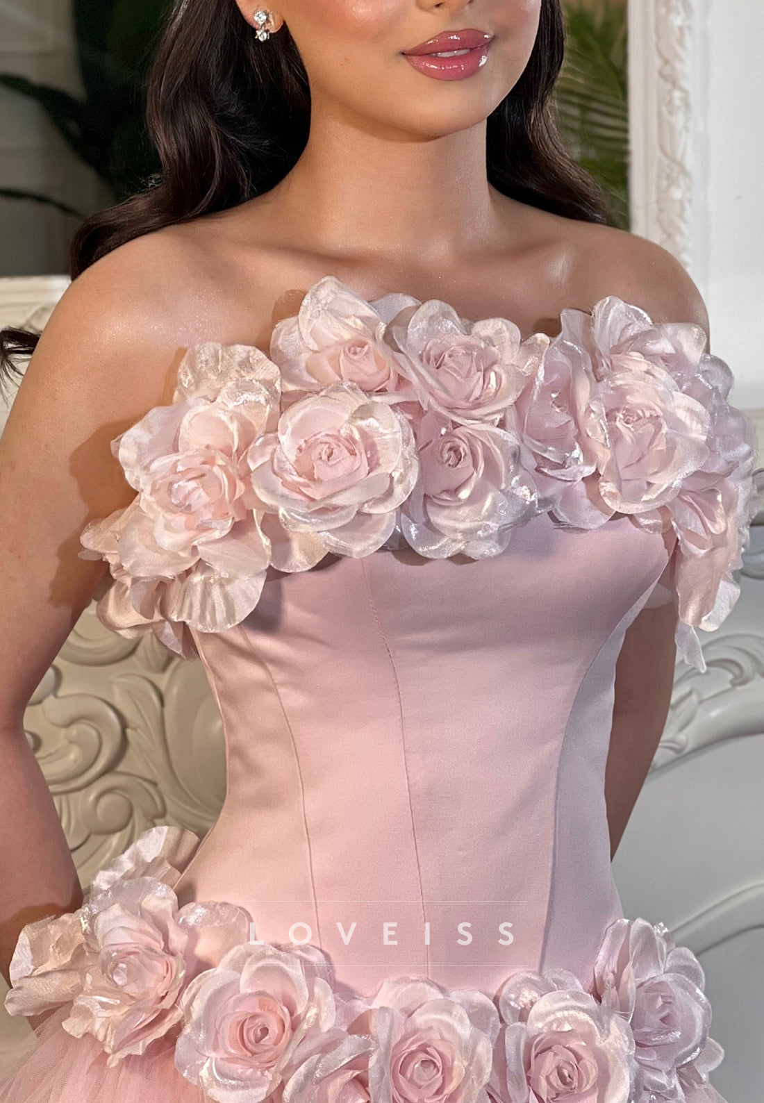 Strapless  Floral Embellised A-Line Tulle Prom Dress