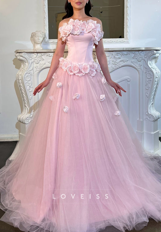 Strapless  Floral Embellised A-Line Tulle Prom Dress