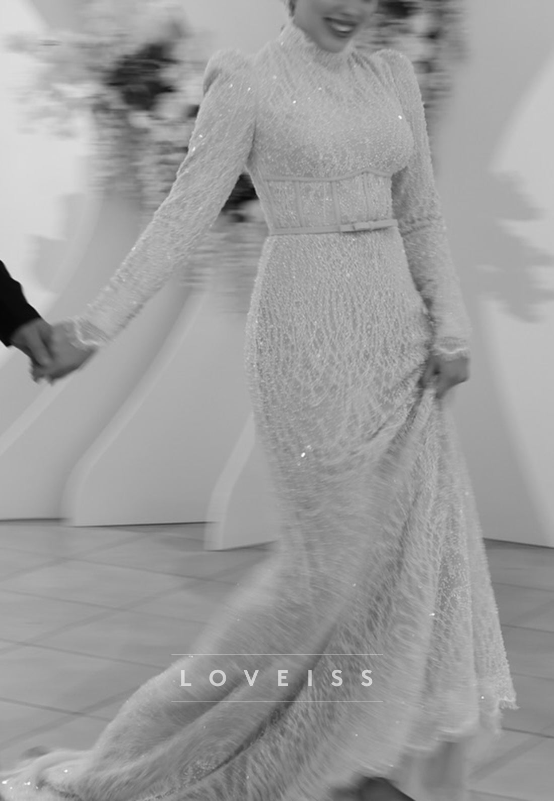 High Neck Long Sleeves Mermaid Lace Evening Dress