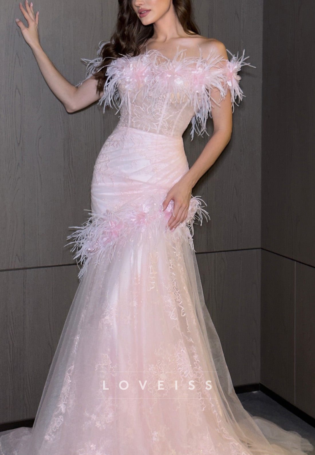 Off-Shoulder Lace Appliques Floral Mermaid Prom Dress