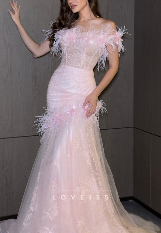 Off-Shoulder Lace Appliques Floral Mermaid Prom Dress