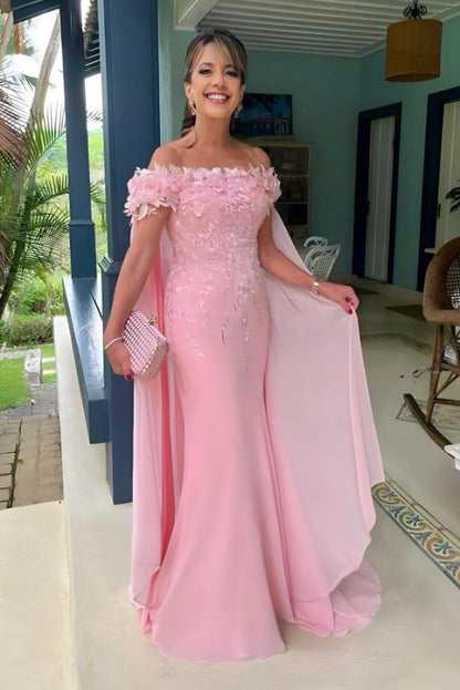 Off-The-Shoulder Mermaid Chiffon Wedding Guest Dresses Long with Appliques