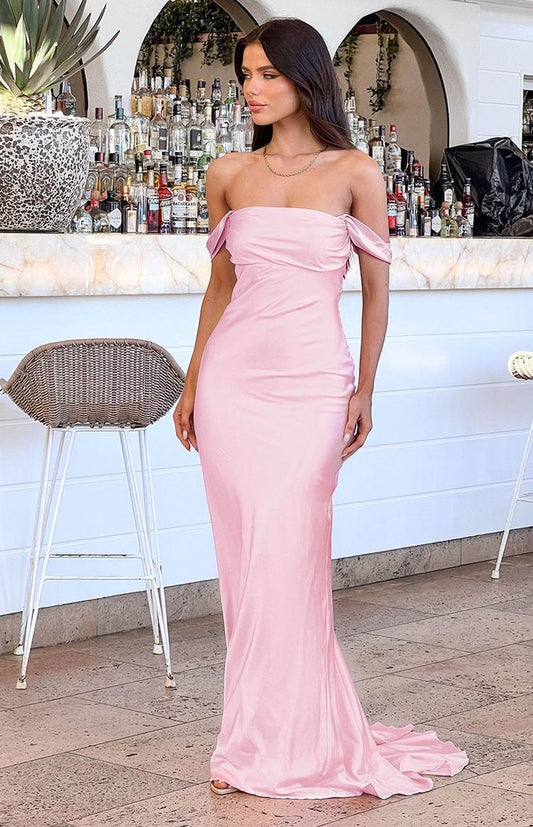 Off The Shoulder Satin Pink Evening Dress UK Floor length Mermaid
