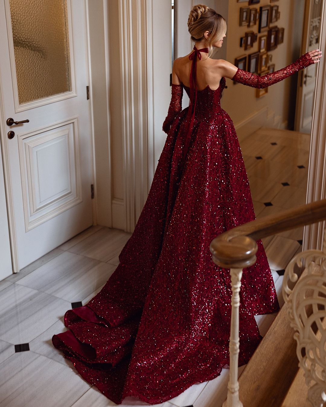 V-Neck Sleeveless Pleated Side Slit Sequins A-Line Sparkly Prom Dress