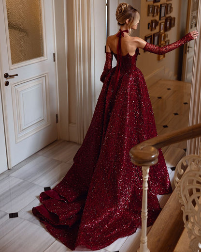 V-Neck Sleeveless Pleated Side Slit Sequins A-Line Sparkly Prom Dress
