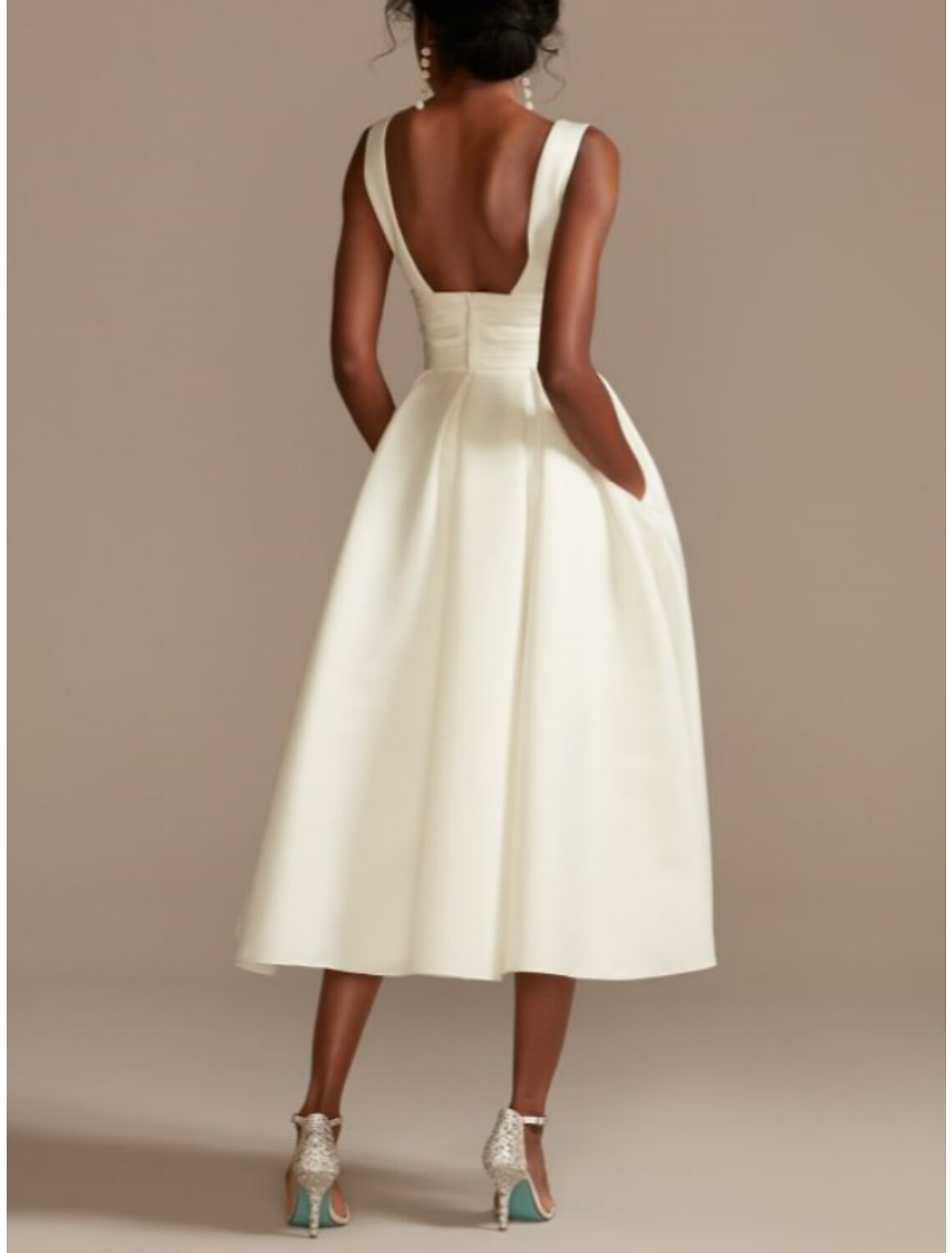 Little White Dresses Wedding Dresses A-Line V Neck Sleeveless Tea Length Satin Bridal Gowns With Pleats Solid Color