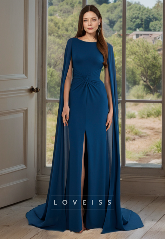 Bateau Sleeves Ruched Side Slit Mother of Bride Dress