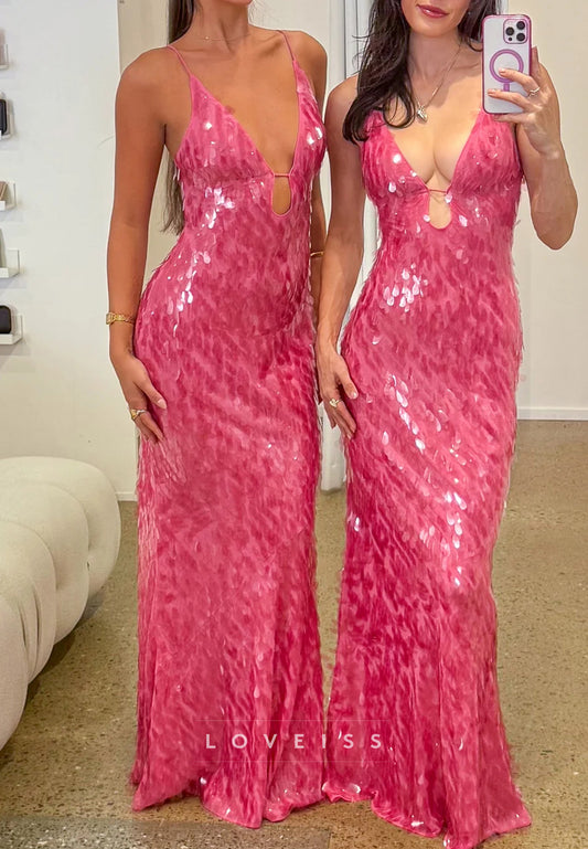 V-Neck Seuqins Mermaid Pink Prom Dress