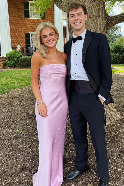 Simple Sheath Strapless Pink Long Prom Dress with Ruched