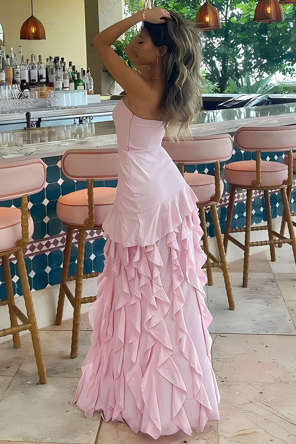 Charming Sheath Strapless Pink Long Prom Dress with Ruffles