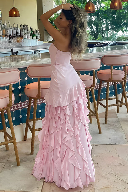 Charming Sheath Strapless Pink Long Prom Dress with Ruffles