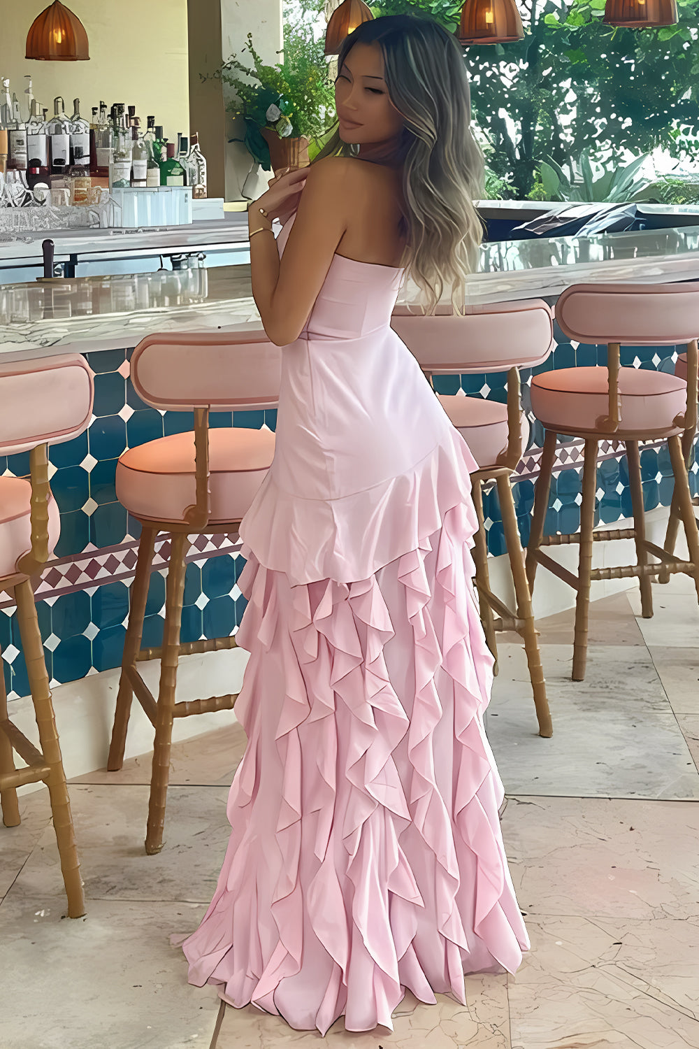 Charming Sheath Strapless Pink Long Prom Dress with Ruffles