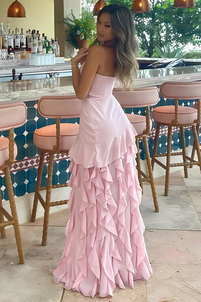 Charming Sheath Strapless Pink Long Prom Dress with Ruffles