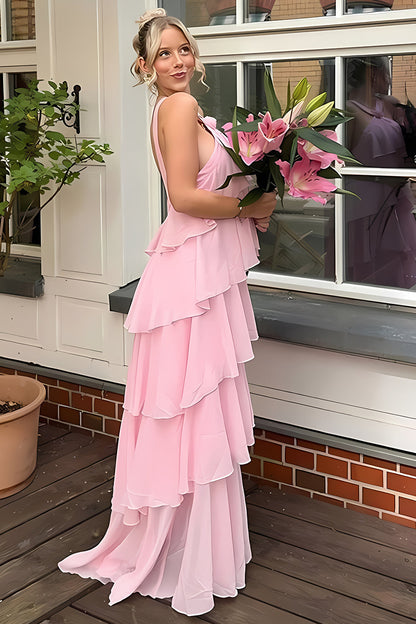 Princess A Line Halter Neck Pink Long Prom Dress with Ruffles