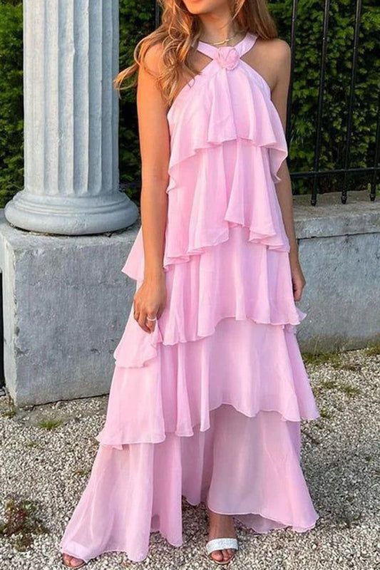 Princess A Line Halter Neck Pink Long Prom Dress with Ruffles